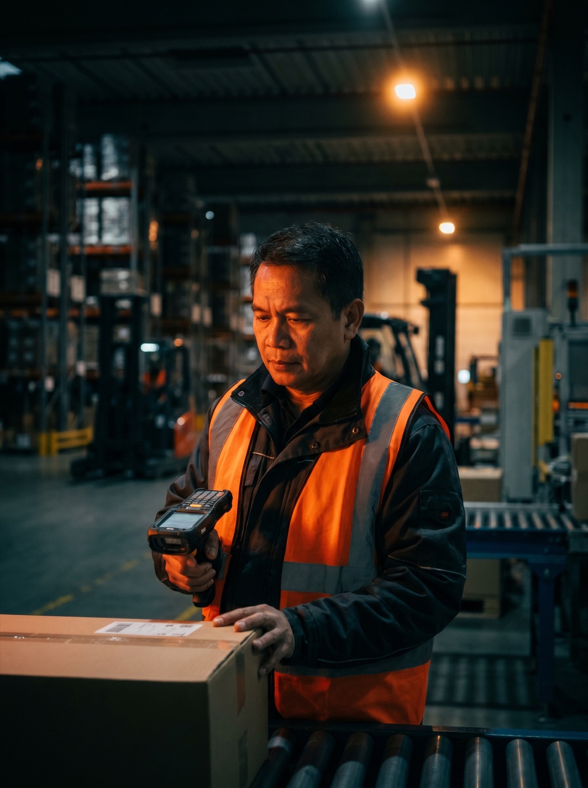 Logistikfachkraft beim Scannen von Paketen im Lager